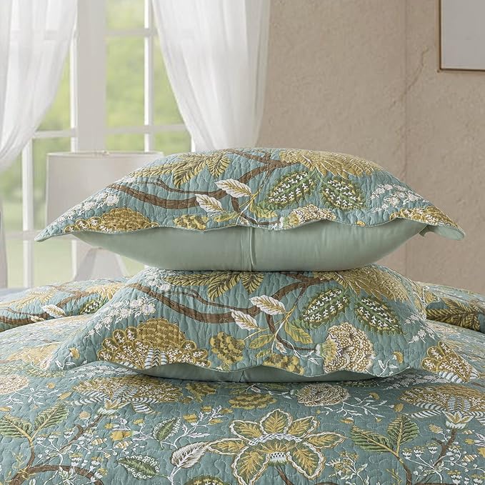 NEWLAKE Cotton Bedspread Quilt Sets-Reversible Patchwork Coverlet Set, Green Floral Pattern, Queen Size