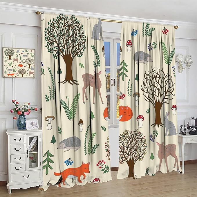 Kids Forest Animal Curtains, Rustic Cute Wild Animal Fox Deer Hedgehog Window Treatments Farmhouse Woodland Window Drapes for Girls Boys Nursery Toddler Bedroom 84x84in