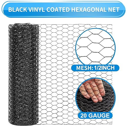 1/2 Inch Black Wire Mesh Roll - 12'' x 50' Chicken Wire Fence, 20 Gauge Hardware Cloth Poultry Netting for Garden/Animal Barrier/Rabbit/Floral/Chicken Coop/DIY Projects