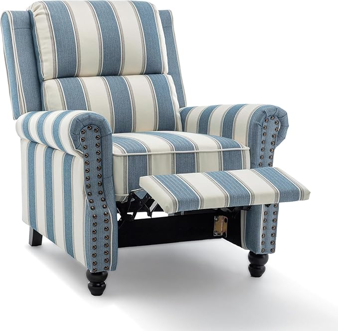 UIXE Pushback Recliner Chair Push Back Accent Chair, Fabric Overstuffed Armchair for Living Room, Rivet Trim Club Chair Home Theater Single Sofa Bedroom Reading Seat - Stripe Navy