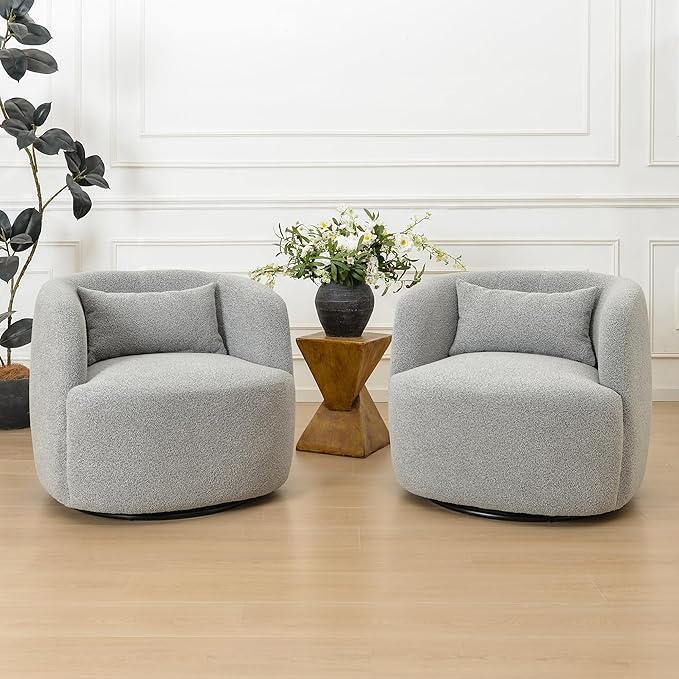 KINWELL 34" Wide Sherpa Swivel Barrel Chairs Set of 2, No Assembly Round Boucle Upholstered Accent Chairs Armchairs Single Sofa Chair with Toss Pillow for Living Room and Bedroom, Gray