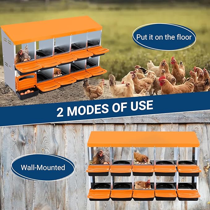 GarveeLife Chicken Nesting Box, 10 Compartments Nesting Boxes for Chickens, Chicken Laying Boxes, Roll Away Nesting Box for Chickens Laying Egg with Lid Cover to Protect Eggs, Orange