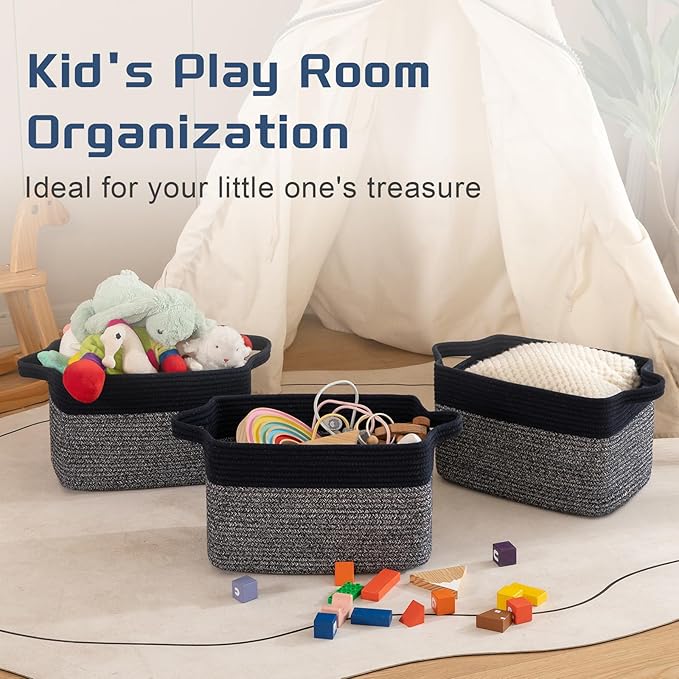Storage Basket for Organizing, Woven Baskets for Storage, Rectangle Decorative Baskets for Shleves, Closet, Toys, Books, Nursery Organizer Bins - Pack of 3 (Blue & Black)