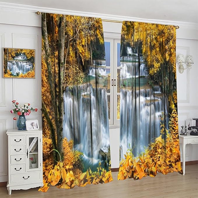 Waterfall Blackout Curtain, Autumn Season Trees Leaves Natural Landscape Window Drapes, for Bedroom Living Room 72" W X 63" L