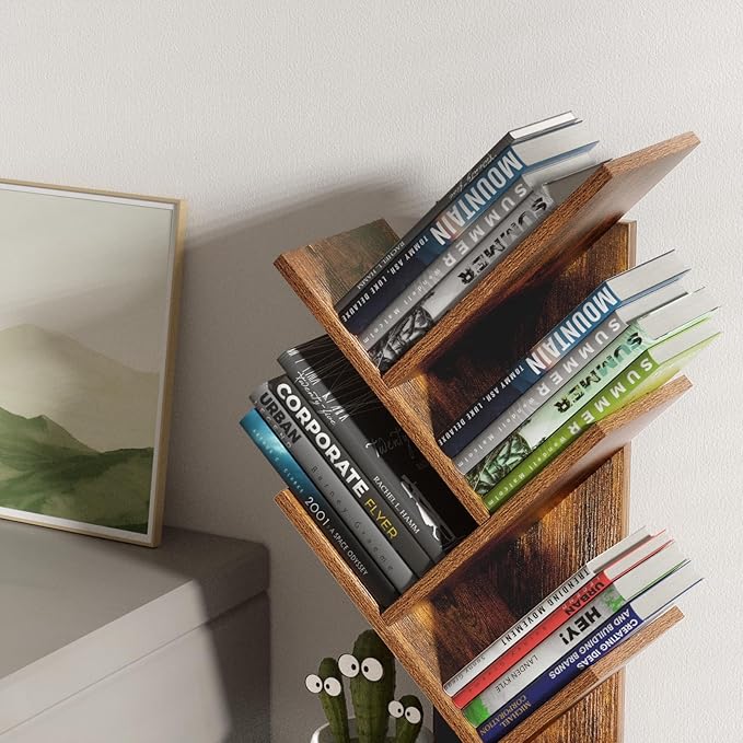 5 Tier Tree Book Shelf, Small Desktop Bookshelf with Storage Organizer, Wood Bookcase, Desk Display Bookshelves, Floor Standing Organizer Bookcases for Living Room,Bedroom,Office-Brown