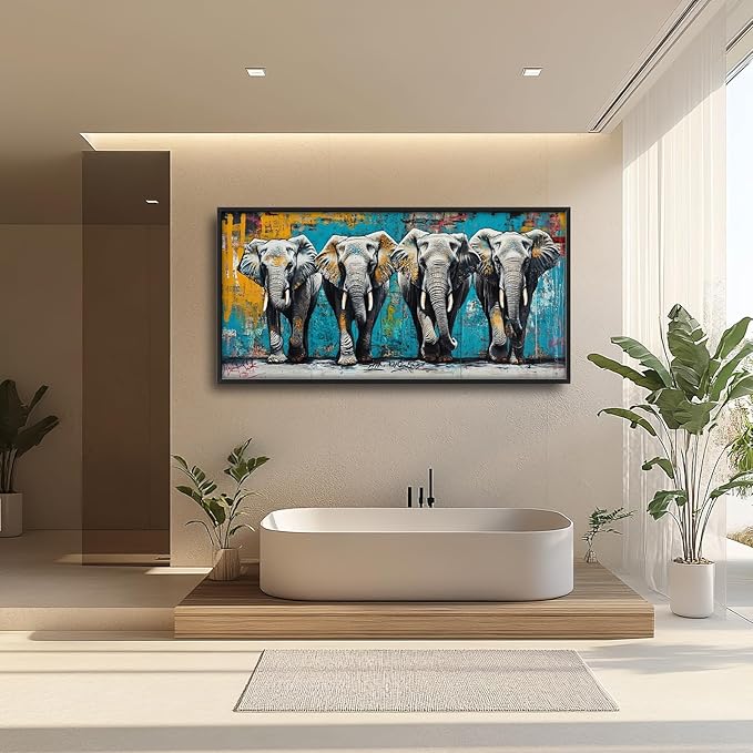 Olivine Elephant Large Wall Art, Banksy Wildlife Pictures Wall Decor, Graffiti Elephant Painting, Teal Canvas Prints, Framed Artwork for Dining Room Living Room Bedroom Bathroom Office Home 60"x30"