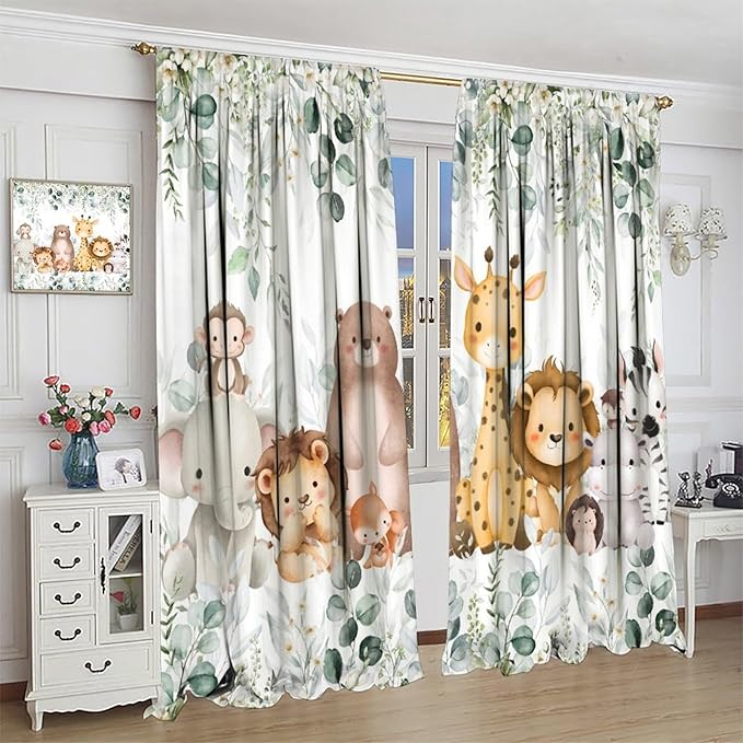 Kids Safari Animal Curtains Woodland Wildlife Jungle Animals Blackout Window Treatments for Boys Girls Bedroom Cute Cartoon Lion Nursery Children Drapes for Living Room W84xL84