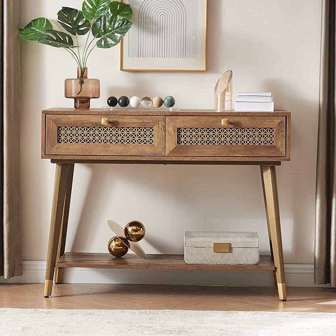 Narrow Sofa Table with Two Drawers and Shelf, Modern Style Wooden Console Table for Living Room, Entryway, Hallway, Rustic Oak