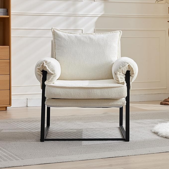 YISHENG Accent Chair with 6-Angle Adjustable Backrest, Chenille Fabric Living Room Chair Upholstered Lounge Chair, Modern Chair Cozy Reclining Chair for Reading Room, 1PC White