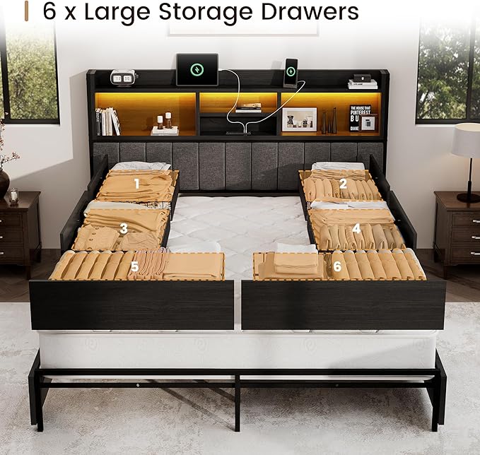 King Bed Frame with 6 Storage Drawers, Linen Upholstered Headboard, Built-in