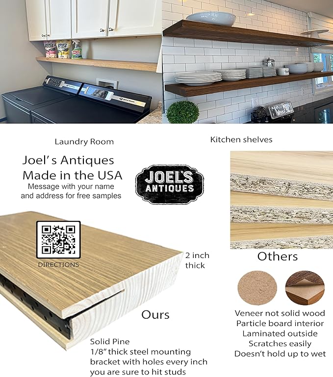 joelsantiques 42 Inch Wooden Floating Shelves for Wall - 42x8x2 in - Made of Natural Wood - Heavy Duty Rustic Wall Shelves Made in USA - Perfect for Living Room, Kitchen - Brown