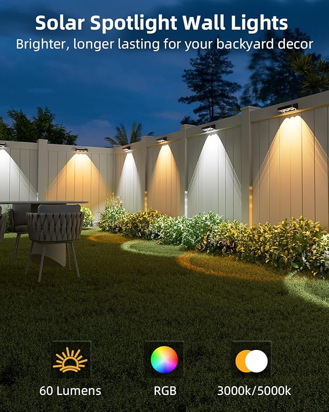 Solar Fence Lights 2 Pack, Warm White, Cool White and RGB Color Glow LED Solar