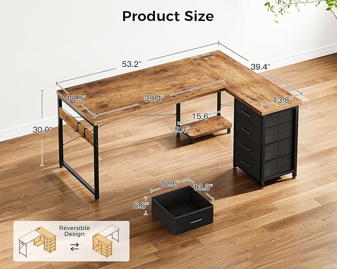 AODK L Shaped Desk with 4 Tier Drawers, 53" Reversible Gaming Desk with Power Outlets, L Shaped Computer Desk with USB Charging Port and Host Stand, Home Office Corner Desk, Easy to Assemble, Vintage