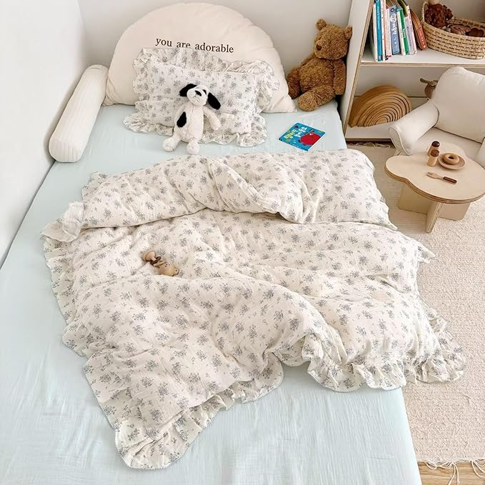 BuLuTu Muslin Cotton Kids Duvet Cover with Ruffles for Toddler Bed/Crib Comforter/Quilt Cover Shabby Chic Blue Freesia Print Toddler Duvet Cover Girls Boys, 47"x59", No Pillow Cases