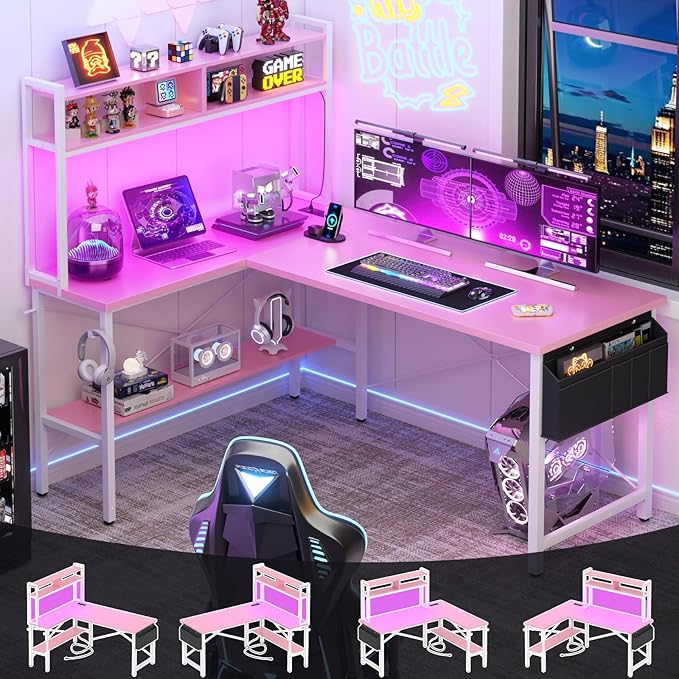 Aheaplus L Shaped Desk Gaming Desk, 59" L Shaped Computer Desk with LED Light & Power Outlet, Reversible Home Office Desk Gamer Desks with Shelves & Storage Bag & Hooks, Corner PC Desk, Pink