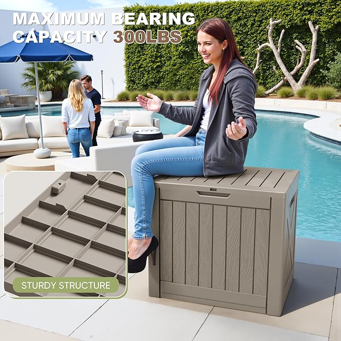 Greesum 40 Gallon Outdoor Deck Box, Resin Storage for Patio Furniture, Garden Tools, Pool Supplies, Weatherproof and UV Resistant, Lockable, Light Coffee