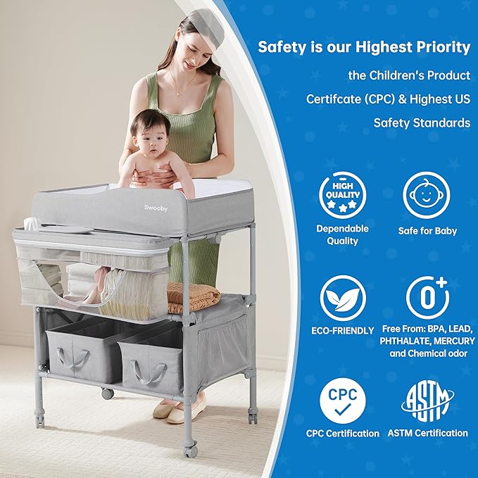 Sweeby Portable Baby Changing Table, Foldable Changing Table Dresser Changing Station for Infant, Waterproof Diaper Changing Table Pad Topper, Mobile Nursery Organizer for Newborn Essentials,LightGrey