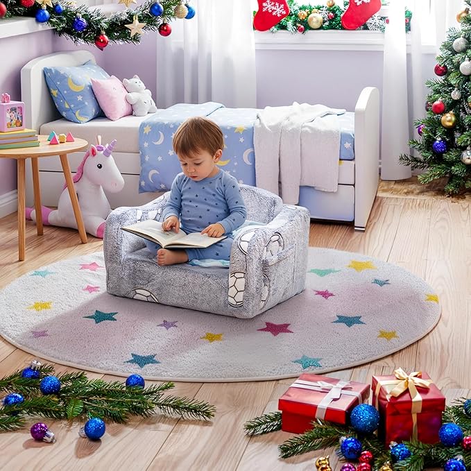 Lamerge 2-in-1 Toddler Couch,Glow in The Dark Baby Floor Bed,Foldable Toddler Chair Kids Sofa for playroom,Convertible Sofa to Lounger for Girls and Boys (Grey and Football)