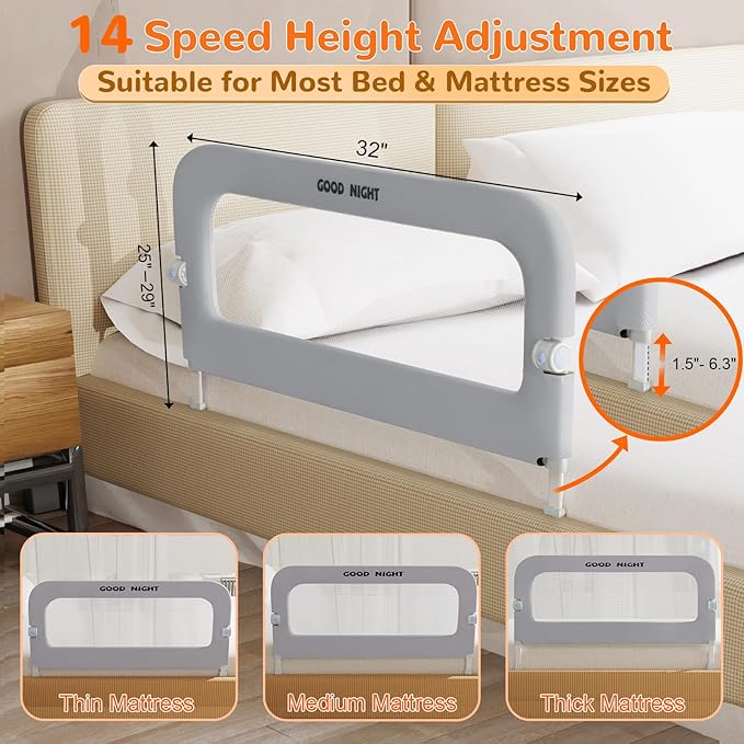 Bed Guard Rail for Toddlers - 32" Adjustable Heights & Folding up Portable Bed Railing for Baby - Toddler Bed Rails Guard for Crib, Twin, Bunk,Full Size, Queen & King Bed(Grey)