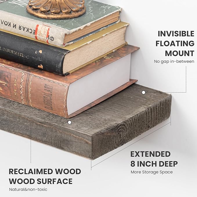 Floating Shelves, 8 Inch Deep Rustic Solid Reclaimed Wood Wall Shelves for Storage, Wall Mounted Display Shelving with Invisible Heavy-Duty Metal Bracket, 30 Inch Width Set of 2, Grey