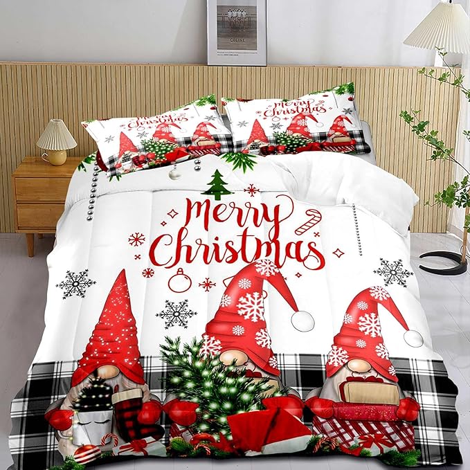 LUVIVIHOME 3PCS Christmas Comforter Set King Size, Funny Cute Gnome Bedding, Black & White Plaid Snowflake Xmas Merry Christmas Bedroom Decor for Kids Girls Boys Teens White Quilt, 2 Pillow Cases