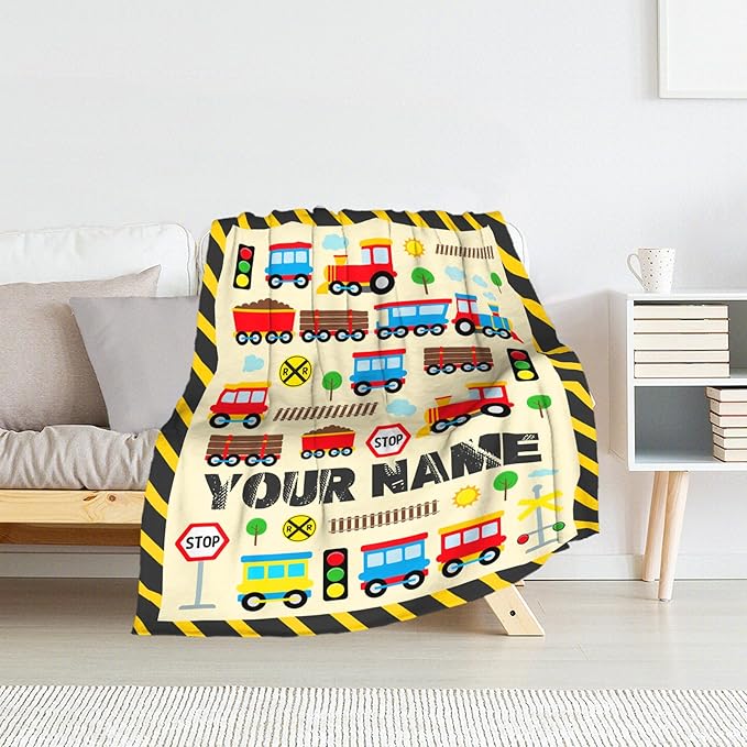 Personalized Train Blanket for Boys Kids - 40" x 50" Inches Cartoon Train Blanket Gifts - Yellow Warm Soft Flannel Throw for Crib, Couch, Sofa