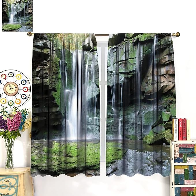 Forest Waterfall Blackout Windows Curtains, Rocky Waterfall to Pond Running Off Scenic Nature Themed Picture Print Curtains, for Living Room Bedroom 72x63in 2 Panels