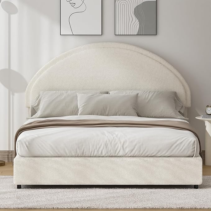 Full Size Bed Frame with Round Headboard, Upholstered Platform Bed Frame, Boucle Soft Bed Frame, Modern Style, No Box Spring Required, Easy Assembly, White