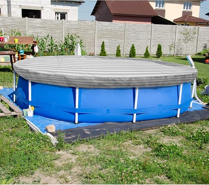 ECOOPTS 9 ft Round Pool Cover for Above Ground Pools, Swimming Pool Cover Protector Winter Safety Cover (Gray White Stripes)