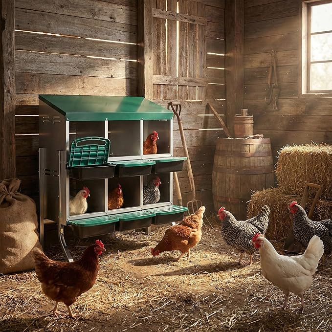 6 Compartment Large Metal Hen Laying Box,Chicken Nesting Box, Roll Away Nesting Box for Laying Eggs,Wall Mount Chicken Nesting Boxes, Easy Egg Collection, Cleanable Pull Out Hen Roosting Boxes,Green