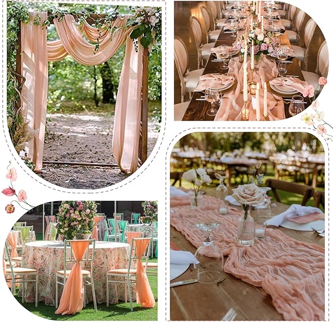 Sioloc 5 Pack Peach Coral Cheesecloth Table Runner Fall Autumn Decor for Home 10ft Table Cloth for Tea Wedding Birthday Party Baby Bridal Shower Halloween Thanksgiving
