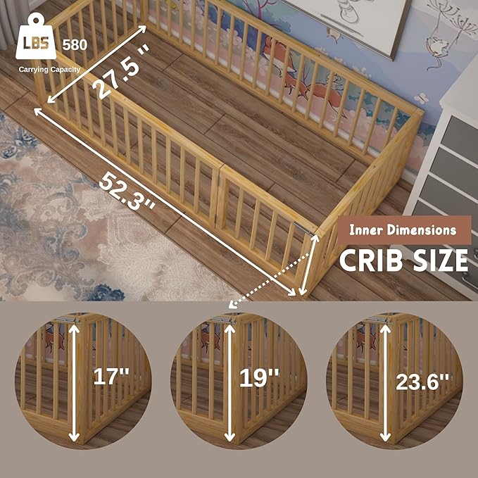 Montessori Floor Bed with Door On The Right Side for Toddler | Pine Wood Natural Solid Frame Beds | Sturdy Modern Design Floor Bed Frame for Boy and Girls (Crib, Height : 17 Inches)
