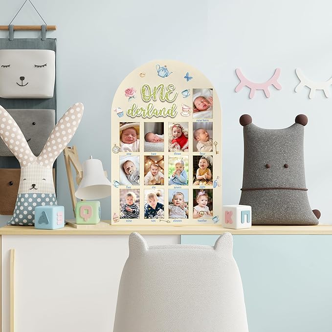 R HORSE My First Year Photo Frame Board, 3D Onederland Tea Party Birthday Decorations Display Wood Board, Baby First Year Picture Frame 12 Months Milestone 1st Birthday Nursery Decor Gift for Girl