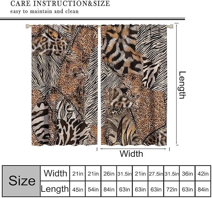 Leopard Print Curtains, Brown Wild Cheetah Zebra Animal Fur Farmhouse Window Curtains for Bedroom Kitchen Living Room 72" W X 63" L