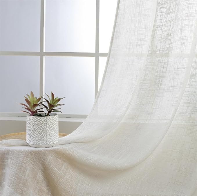 MIUCO Semi Sheer Curtains Poly Linen Textured Solid Grommet Curtains 95 Inches Long for French Doors 2 Panels (2 x 37 Wide x 95" Long) Beige