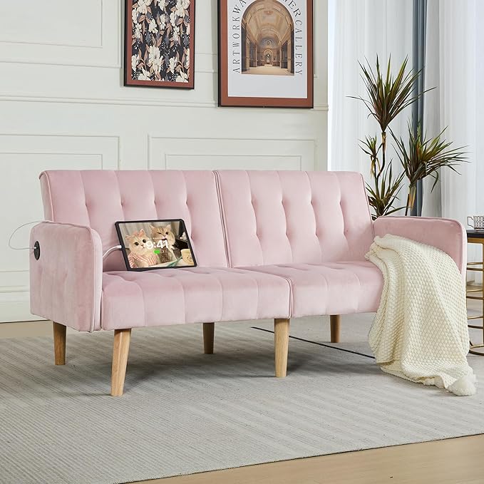 TYBOATLE 65" W Velvet Modern Convertible Folding Futon Couch Sofa Bed w/ 2 USB Charging Ports and arms, Loveseat for Compact Living Space, Dorm, Game Studio, Bonus Room, Apartment, Bedroom (Pink)