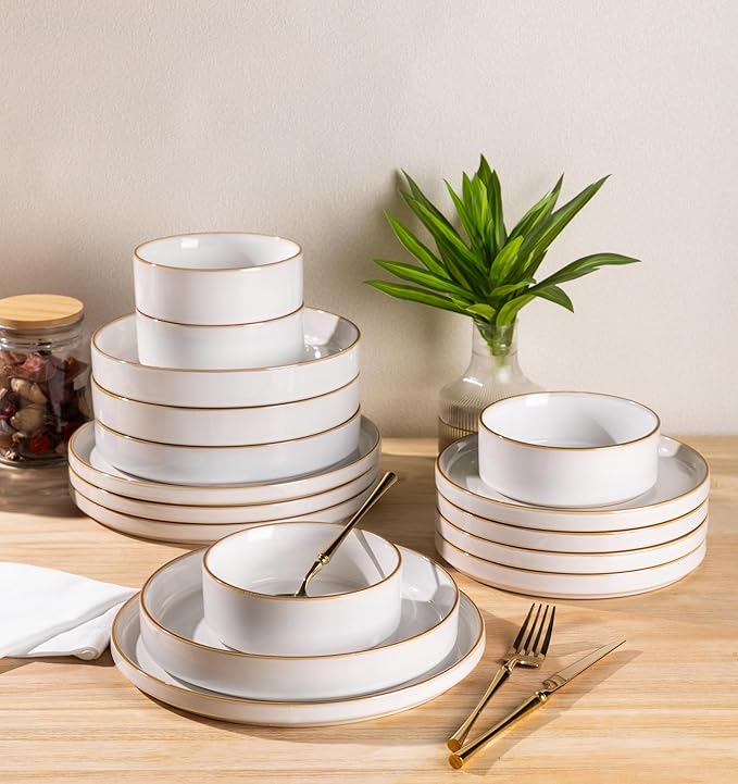 GBHOME Ceramic Dinnerware Sets With Double Bowl for 4, 16 Pieces Stoneware Plates and Bowls Set, Reactive Glaze Dishes -Scratch Resistant, Dishwasher&Microwave Safe-Pearl White