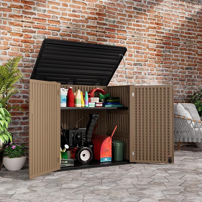 Resin Outdoor Storage Shed, Outdoor Storage Box Waterproof for Garden Tools, Patio Furniture, Trash Cans, Garage Storage, Lockable