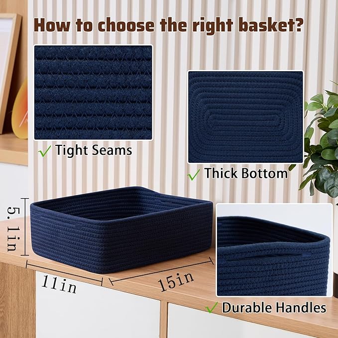 Large Shallow Organizing Baskets 15x11x5.1 Inches - Rope Woven Storage Bins for Bathroom, Shelves, Cube Closet, Navy Blue 2 Packs