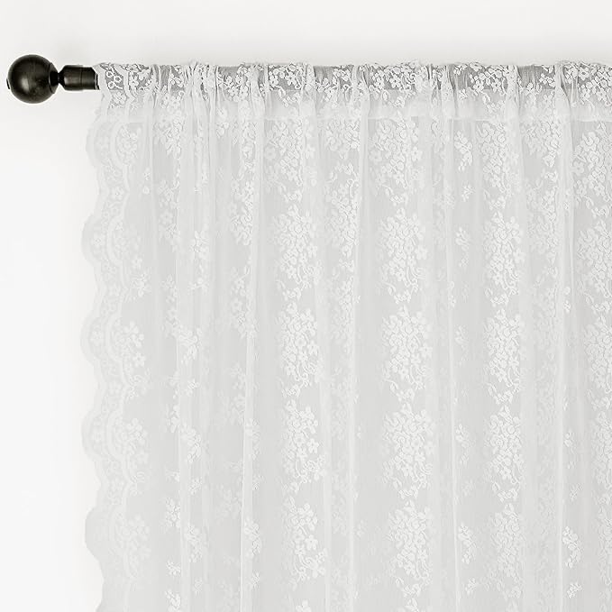 Anmao Vintage Lace Curtains 84 Inches Long 2 Panels Set, Romantic Elegant Light Filtering Semi Sheer Floral Thick Lacy Curtain Drapes for Living Room and Bedroom, Each Panel 55W x 84L, Bright White