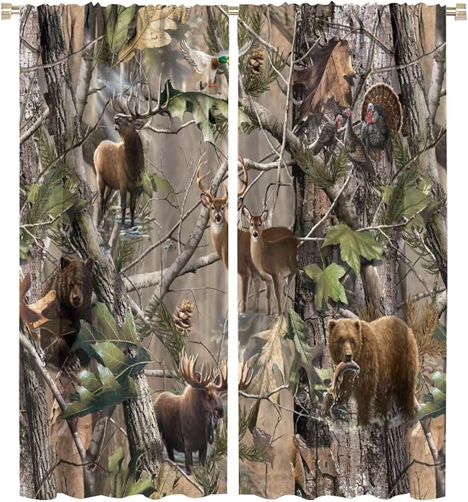 Retro Forest Window Curtains, Camouflage Hunting Tree Camo Rustic Deer Elk Bird Bear Blackout Rod Pocket Windows Door Curtain for Bedroom Living Room Home Decor 42x54in