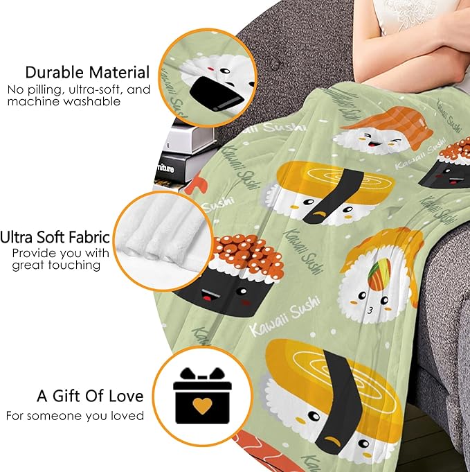 Thuswarm Cute Sushi Kawaii Flannel Throw Blanket Warm Cozy Soft Cartoon Food Print Blankets for Bed Couch Sofa Room Decoration Gifts 80”×60” Large for Adult