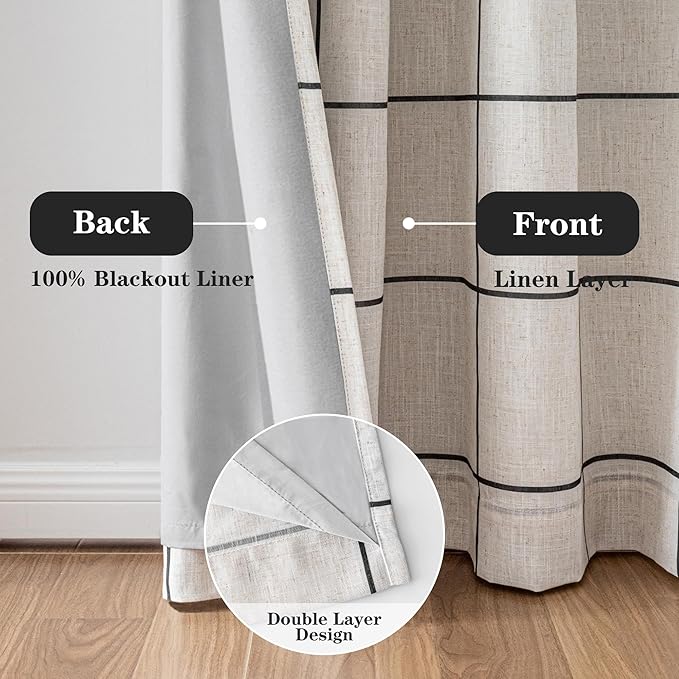 MYSKY HOME 100% Blackout Plaid Linen Curtains 95 Inches Long Double Layer Farmhouse Thermal Insulated Checkered Print Drapes with Rod Pocket Back Tab for Living Room Dining Room, 2 Pcs, 52"Wide, Black