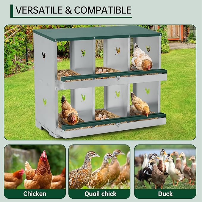 3-Hole Chicken Nesting Box, Large Ventilated Galvanized Steel Laying Box with Compartments, Wall-Mounted, Easy Egg Collection & Cleaning, Roll Away Nest Box for Coop - Green