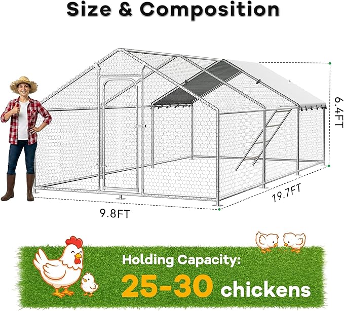 Large Metal Chicken Coop Walk-in Poultry Cage with Waterproof Roosting Perch and UV-Resistant Cover, Outdoor Chicken Run Poultry Hen House for Backyard Farm Use,Spire Roof(10’ W x 19.7’ L x 6.4’ H)