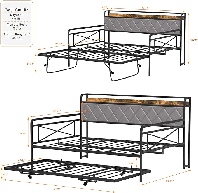 VINGLI Full Daybed with Trundle Bed, Upholstered Day Bed with LED Light &