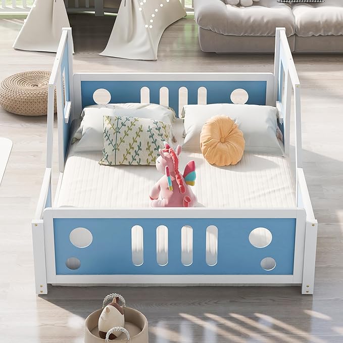 Merax Full Size Classic Car-Shaped Platform Bed with Wheels, Wood Car Bed Frame for Boys, Blue