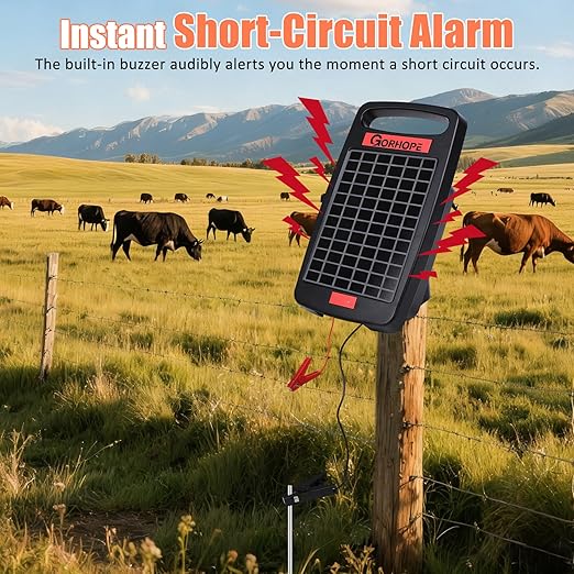 Short-Circuit Alarm 5Miles Solar Electric Fence Charger with Solar Panel,0.11J Solar Powered Fence Charger 24-Hour Protection,Easy to Set up,14-Day Continuous Protection for Livestock