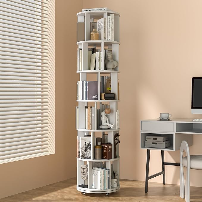 6 Tier Rotating Bookshelf Tower Spinning Bookshelf with Swivel Wheels Book Shelf Rotating Storage Tower for Kids Adult Narrow Walnut Solid Wood Revolving Bookcase Organizer for Bedroom Living Room