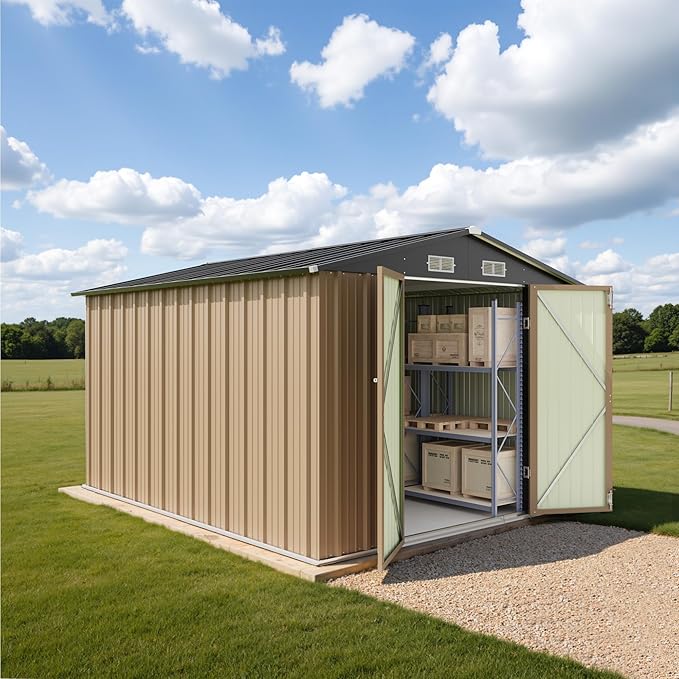 Greesum 8x10FT Outdoor Storage Shed, Metal Storaged Sheds with Lockable Doors, Sheds & Outdoor Storage for Bike, Backyard, Pool and Garden, Brown